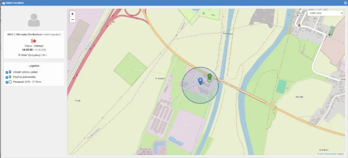 Detail transakcie na mape s povolenou zónou pracoviska a polohou pracovníka