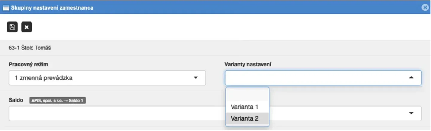 Nastavenia pracovného režimu s variantmi nastavení