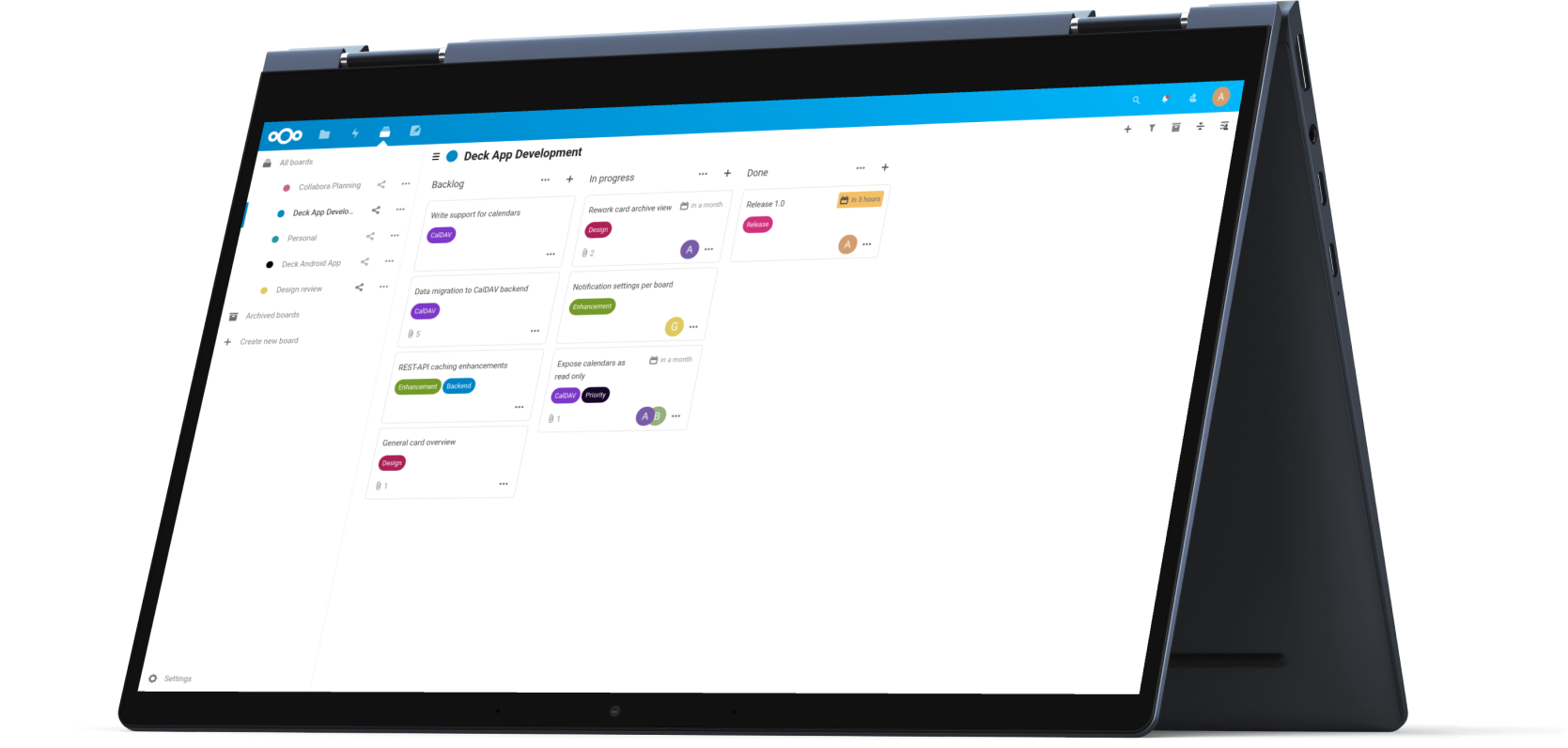 Nextcloud Deck na tablete: kanban nástenka s kartami Backlog, In progress a Done