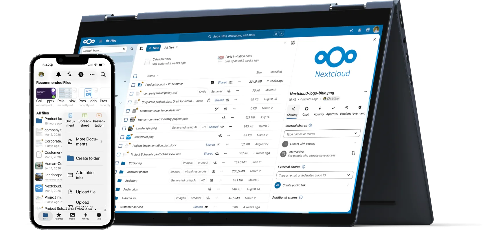 Nextcloud Files na tabletu a mobilu: seznam souborů a sdílení s kolegy