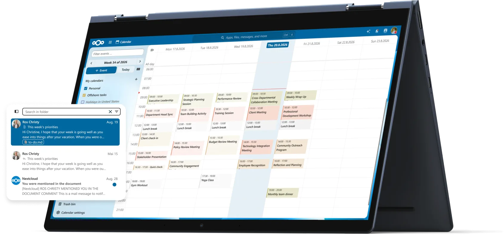 Nextcloud Groupware na tabletu: týdenní kalendář a e-mailová schránka
