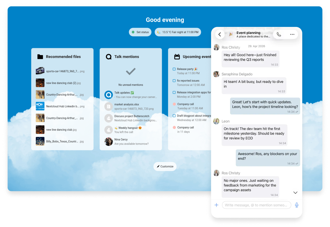 Nextcloud Hub: nástenka so súbormi, udalosťami a chatom